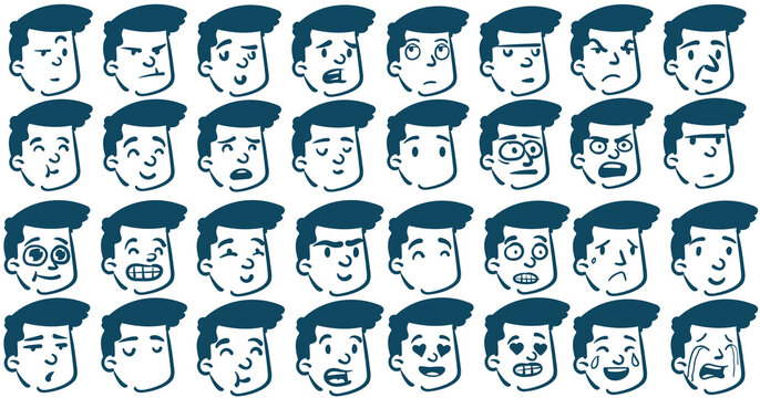 Big collection of young man face avatar emoticons with pompadour hairstyle vector illustration isolated on white