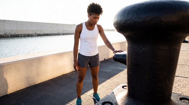 L&auml;uferin ruht sich nach dem Joggen am Hafenkai aus