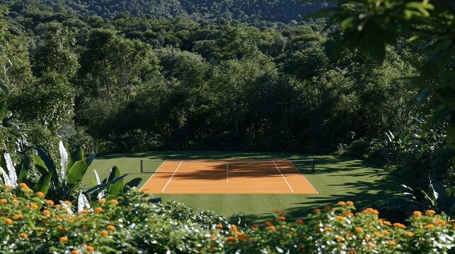 Orange tennis court surrounded by lush tropical garden foliage