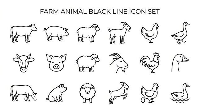 Minimalist Farm Animal Line Icons for Branding and Design.