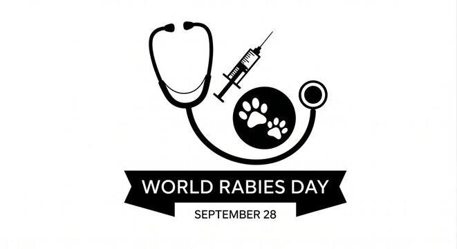 Black and white silhouette vector banner for World Rabies Day 2026 on September 28 featuring a stethoscope, vaccine syringe, and paw prints