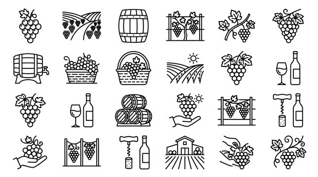 Elegant Blackline Illustrations of Vineyard and Wine Elements.