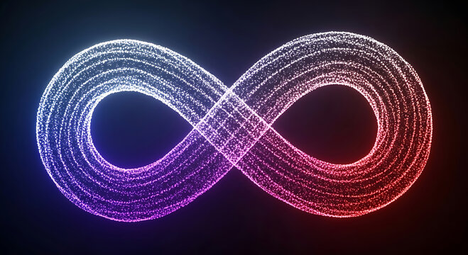Glowing infinity symbol formed by particles transitioning from blue to red loop endless shape