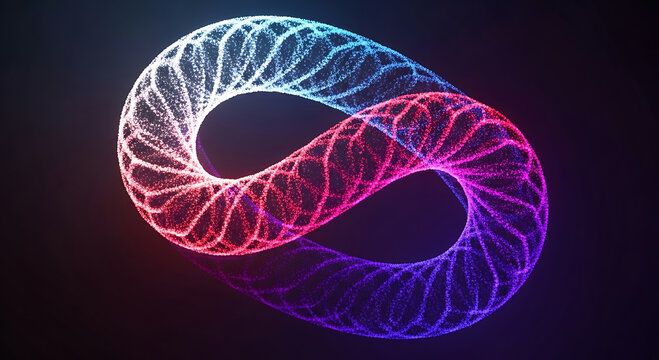 Glowing infinity symbol made of particles transitioning from blue to red abstract loop endless
