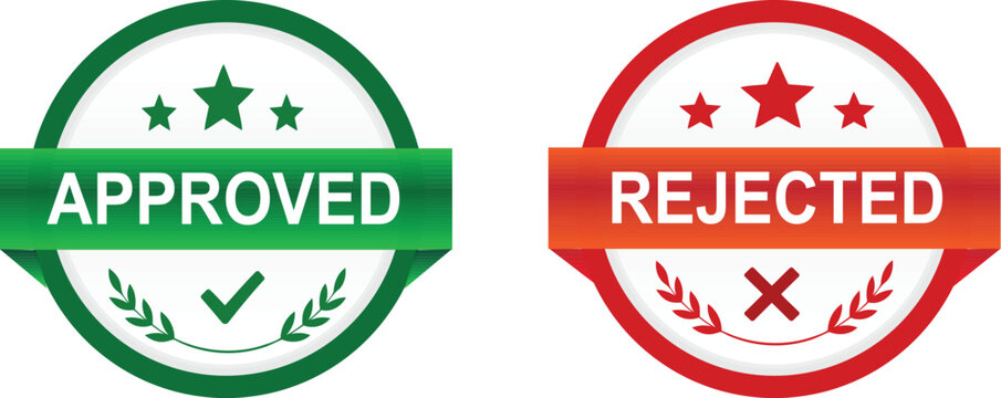 Set of circular flat vector badges containing green approved checkmark and red rejected cross icon for professional quality control and business evaluation, isolated on a Transparent background
