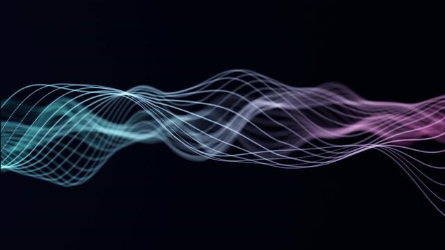 Futuristic abstract background with glowing cyan and blue gradient wave lines flowing smoothly across a dark backdrop, elegant transparent mesh curves and luminous light particles, 4K.