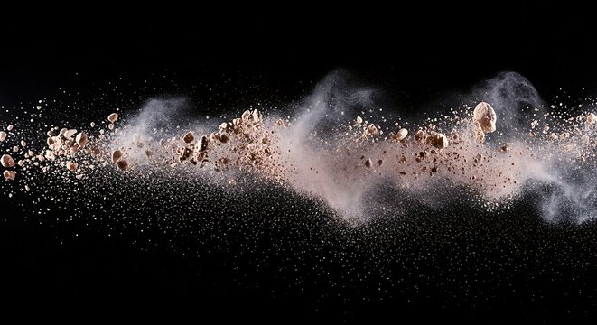 Tan powder particles and small stone fragments exploding horizontally against a solid black background surface