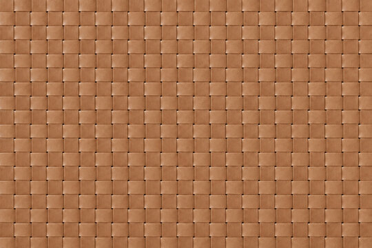 Tan woven leather texture featuring small rectangular strips in a regular basket weave, subtle surface variation, and a refined tactile finish for upholstery, furniture, and interiors.