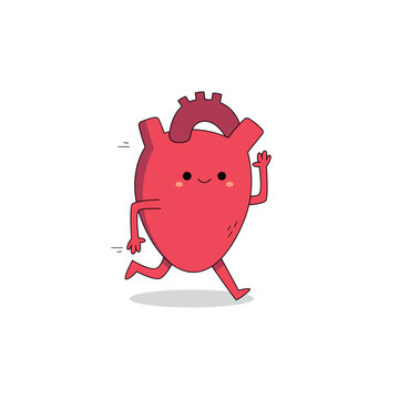 Cute heart organ cartoon character running doodle