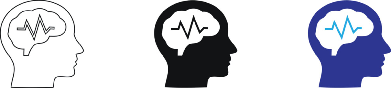 Set of three minimal human head silhouettes featuring brain icons with neural activity waves representing mental health, neuroscience research, a., isolated on a Transparent background