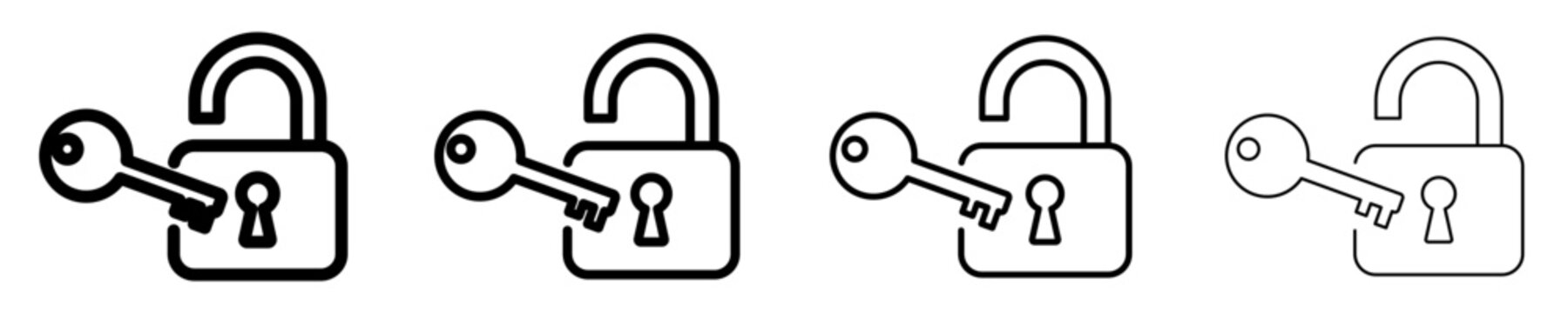 Unlocked padlock with key line icon for security access
