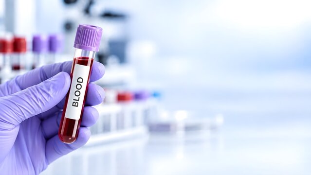 Purple Blood Collection Tube Held by Gloved Hand in Clinical Laboratory