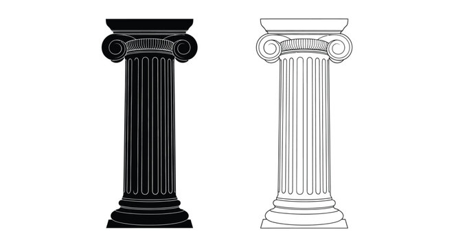 Ancient column with ionic capital black and white line art illustration