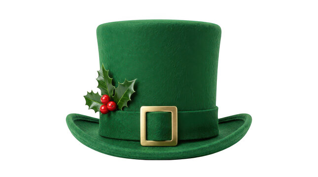 Green leprechaun hat with holly berries for saint patrick day isolated on transparent background