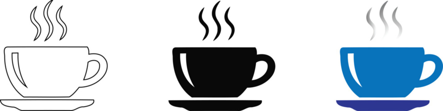 A collection of stylized steaming coffee cup icons presented in three different design variations including outline, solid black, and vibrant blue styles., isolated on a Transparent background