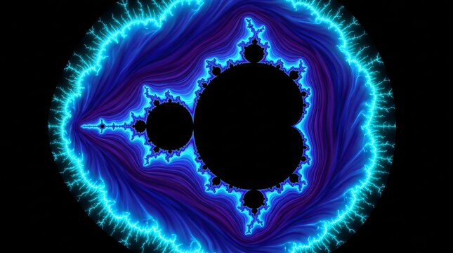 Glowing fractal pattern with electric blue purple swirls, dark center void