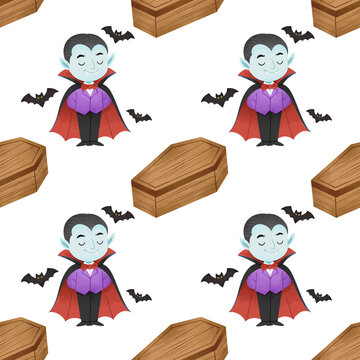 Cute Halloween Seamless Pattern with Cartoon Vampire Bats and Wooden Coffin