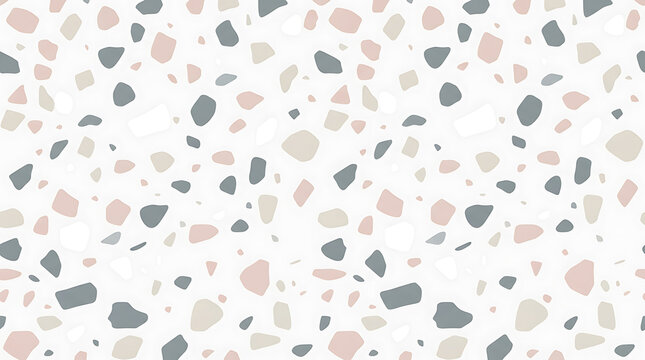 Seamless terrazzo pattern with pink grey and beige chips on white background texture