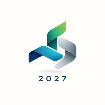 Abstract 2027 Futuristic Geometric Logo with Blue Green and Silver Ribbon Shapes