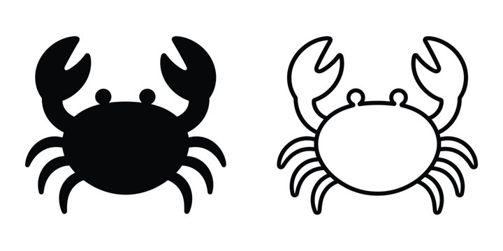 Black and white crab silhouette and outline vector graphic icons