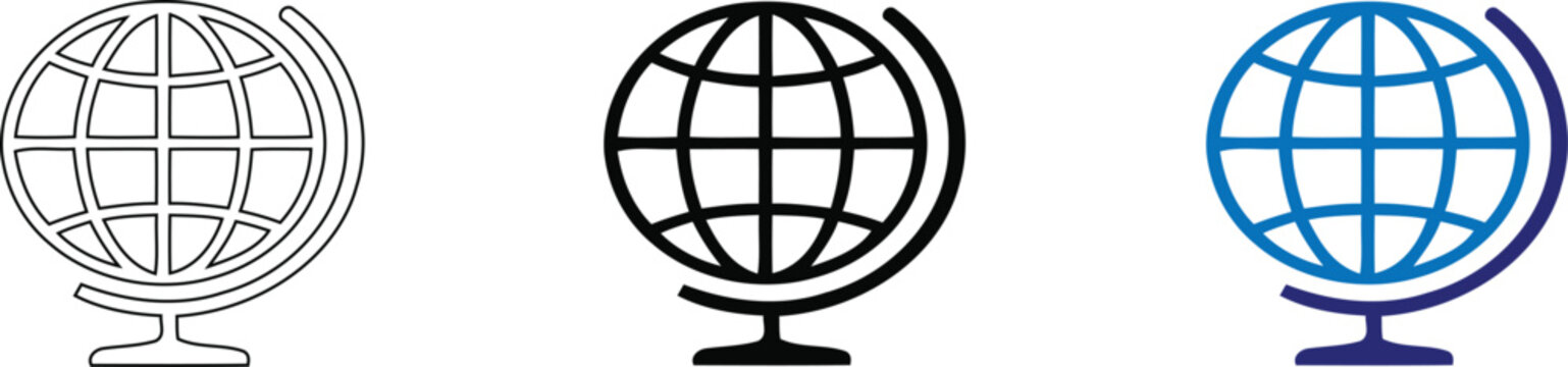 A set of three stylized globe icons in linear and filled versions designed for digital interfaces, navigation menus, and educational geography web applications, isolated on a Transparent background