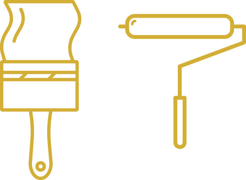 Gold Paintbrush and Paint Roller Outline Icon Set Isolated on Transparent Background PNG Vector