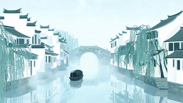 Soft haze over both banks of a round arch water lane