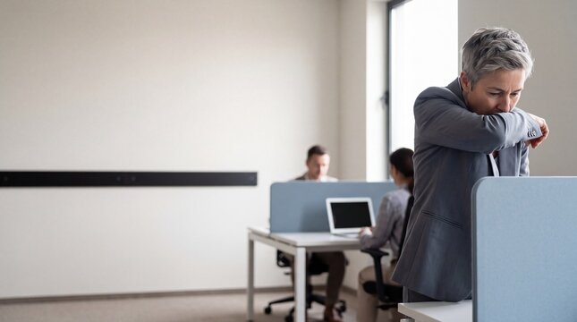 Frau hustet in die Armbeuge w&auml;hrend Kollegen im B&uuml;ro arbeiten
