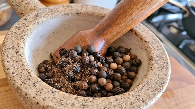 Whole and ground peppercorns are being crushed in a stone mortar.