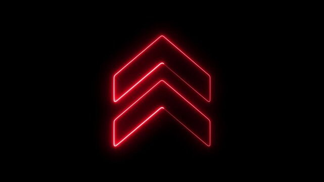 Neon red glowing double arrow symbol pulsing on black background, minimalist digital ui for directional signage and motion