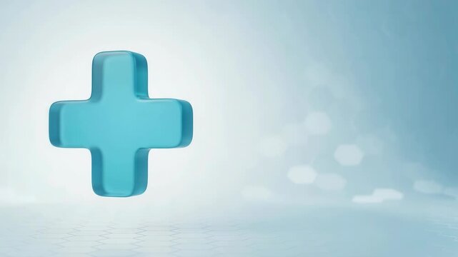 3D rendered blue medical plus sign floating against a clean light blue background with hexagonal patterns.