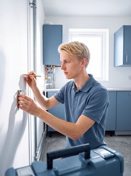 Installateur markiert Bohrstelle f&uuml;r Heizungsrohr an der Wand