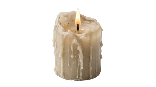 Burning White Pillar Candle with Melting Wax Drippings Isolated on White Background