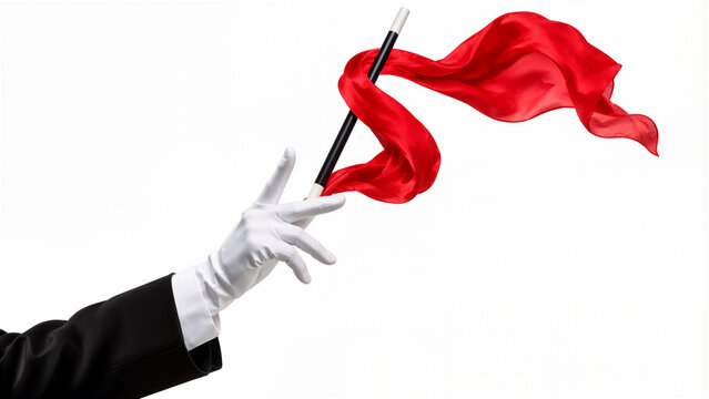Magician Hand in White Glove Performing Trick with Wand and Flowing Red Silk Ribbon Isolated on White Background