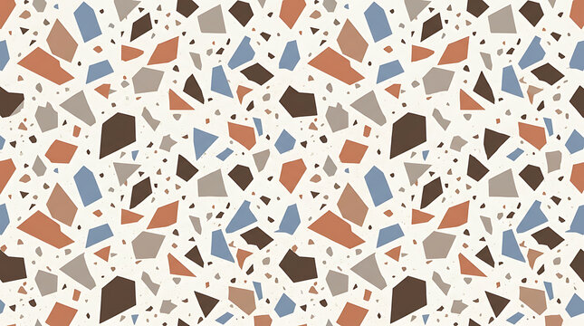Seamless terrazzo pattern with irregular stone fragments in beige brown blue texture background