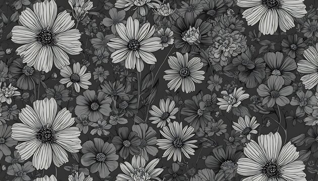 Minimalist charcoal grey black floral seamless pattern botanical textile print backdrop wallpaper