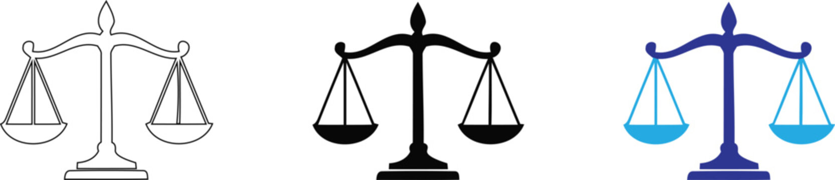 A collection of three distinct artistic variations of traditional justice scales icons featuring minimalist line art, bold solid black and vibrant blue designs., isolated on a Transparent background