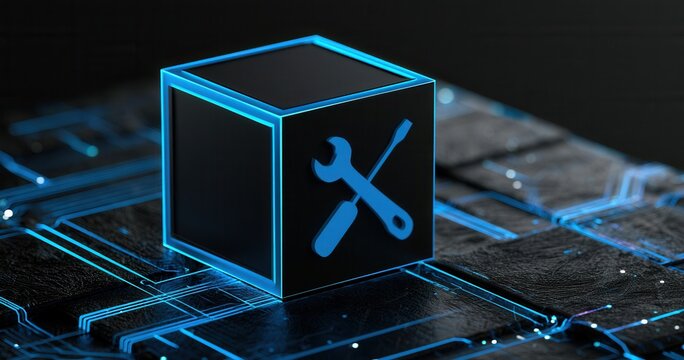 Digital tool box in a tech setting with binary patterns around it