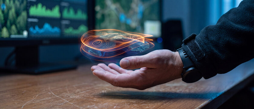 Wildlife tracking technology concept, researcher hand holding holographic fish scan with environmental data charts on screen, marine monitoring, species tracking, ecosystem analytics and environmental