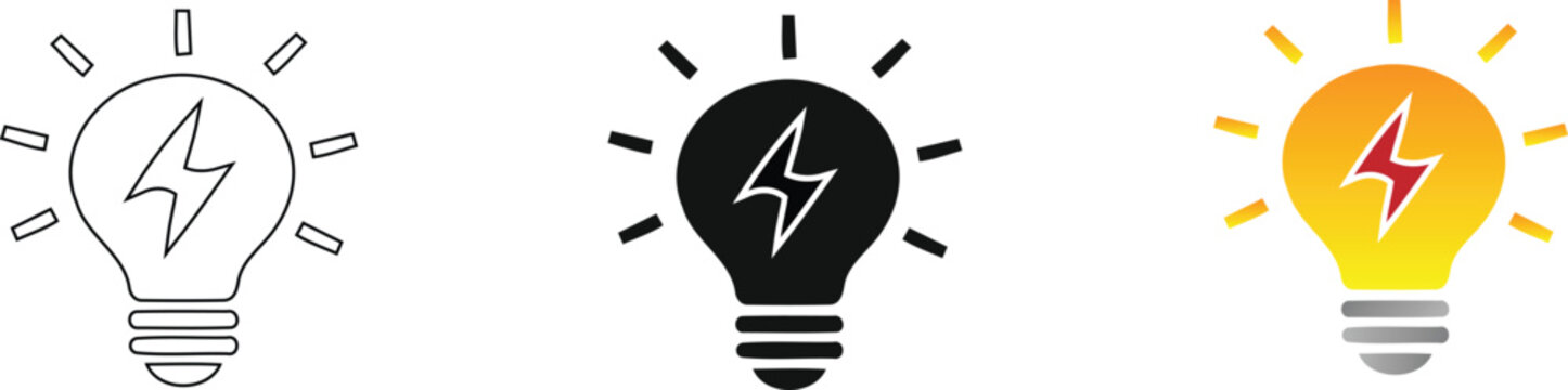 A collection of three distinct light bulb icon variations featuring lightning bolt symbols representing innovative ideas and electrical energy conceptual designs, isolated on a Transparent background