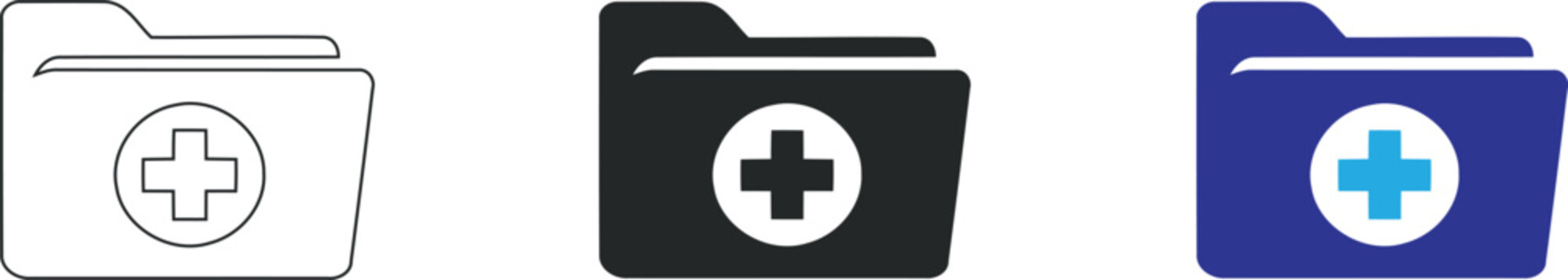 A collection of three medical folder icon variations featuring a document storage symbol combined with a health care cross emblem for digital health management, isolated on a Transparent background