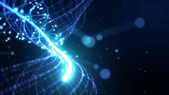 Abstract blue particle wave spiraling in a dark digital space background video clip.