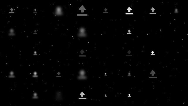 Template animation of evenly spaced upload symbols of different sizes and opacity. Animation of transparency and size. Seamless looped 4k animation on black background with stars