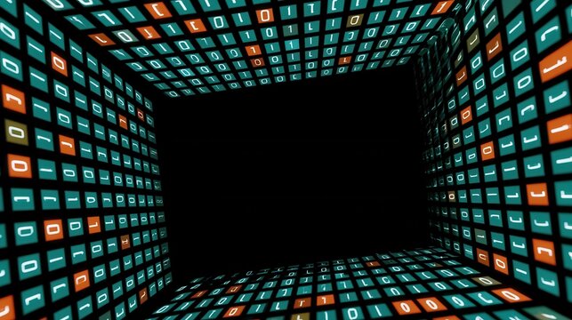 Digital tunnel with binary code displayed on walls and floor during a simulated environment