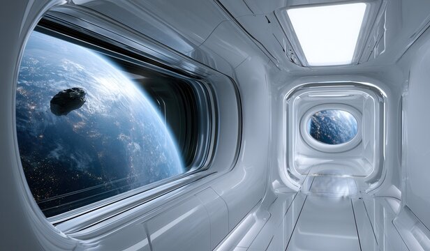 Space corridor with views of Earth and an asteroid in the distance