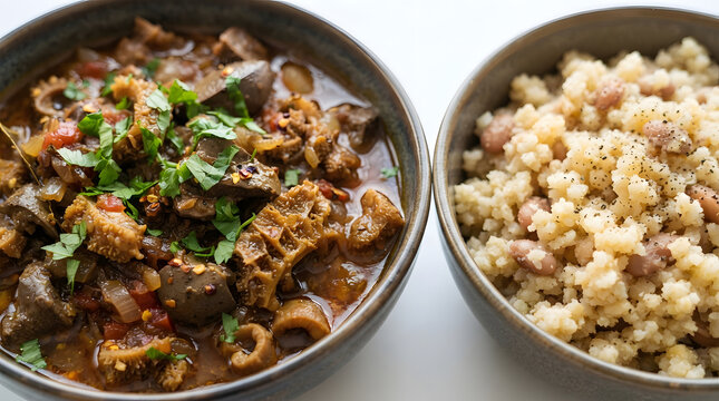 Mala mogodu or offal (cow or sheep) stew dish from Southern Africa next to samp bowl. African cuisine set, main course, tropical food and offal based dish assets