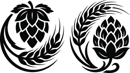 Obraz premium Hops and barley wreaths vector design elements for craft beer.