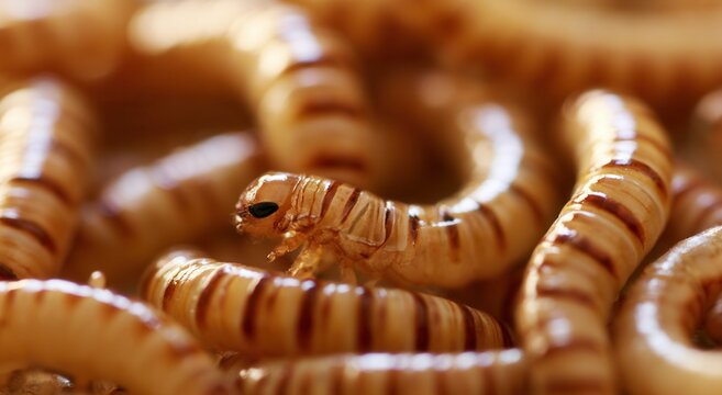 Worms are seen moving in a close-up view, showcasing their striped bodies and distinct features in a natural setting