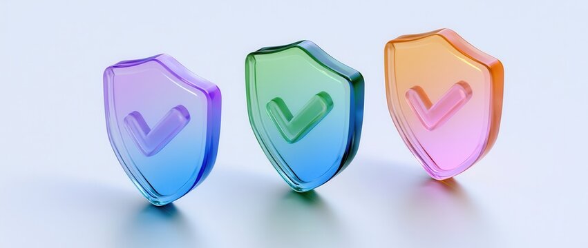 Colorful icons of shields with check marks displayed on a light background
