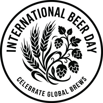 International beer day seal design with barley and hops for tavern branding.